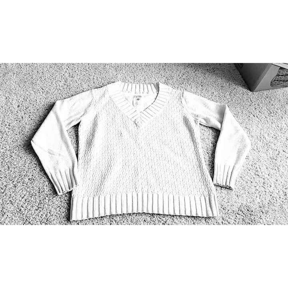 IZOD VNECK SWEATER‎ Vintage Off White Chunky Knit Fisherman Long Sleeve Large